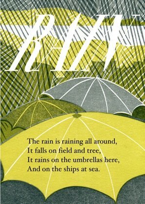 a grey and yellow postcard illustrated with umbrellas