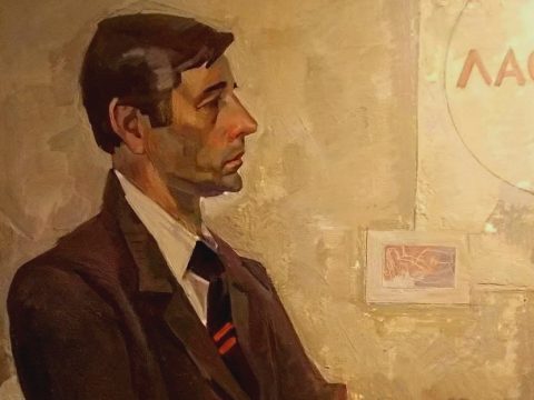 Painting of Burnett in profile wearing a dark suit and with notably glossy hair, aged about 40.