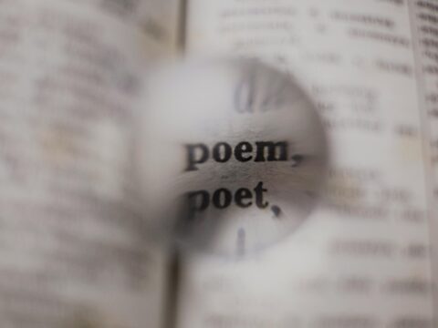 The words poem, poet in focus against blurred pages